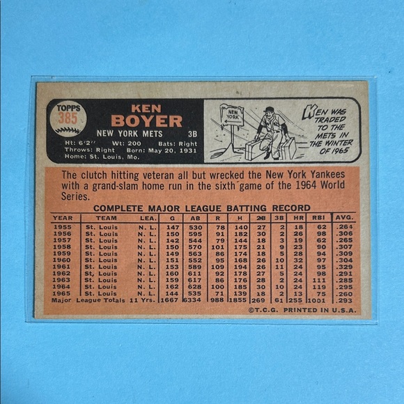 1965 Topps Mets Ken Boyer Baseball Card #385 ex+ - Picture 2 of 2